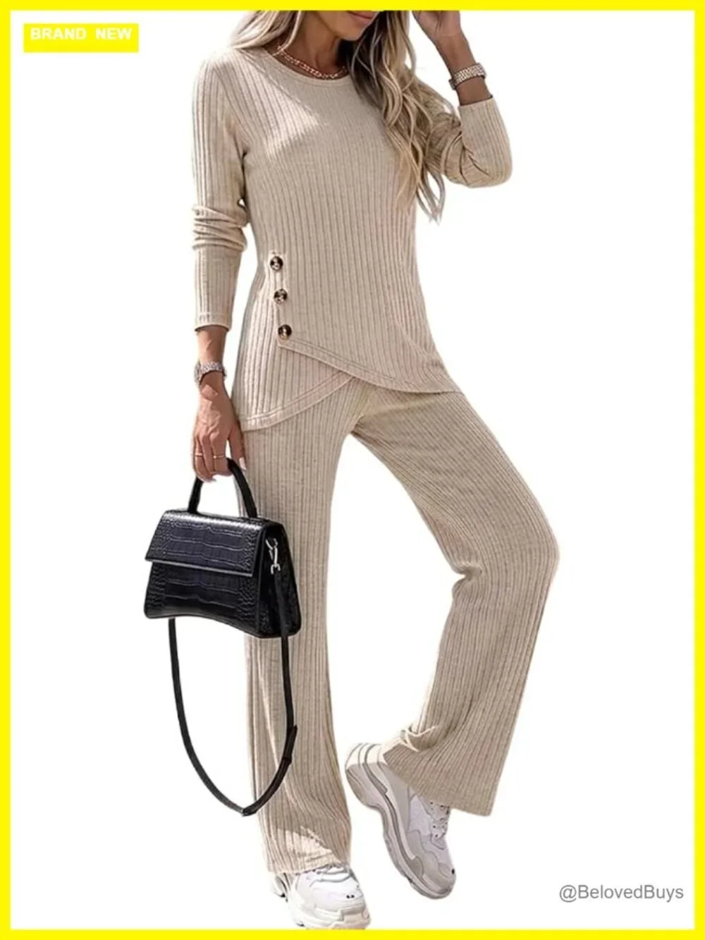 2 Piece Lounge Set - Knit Top & Wide Leg Pants - Pockets - Casual